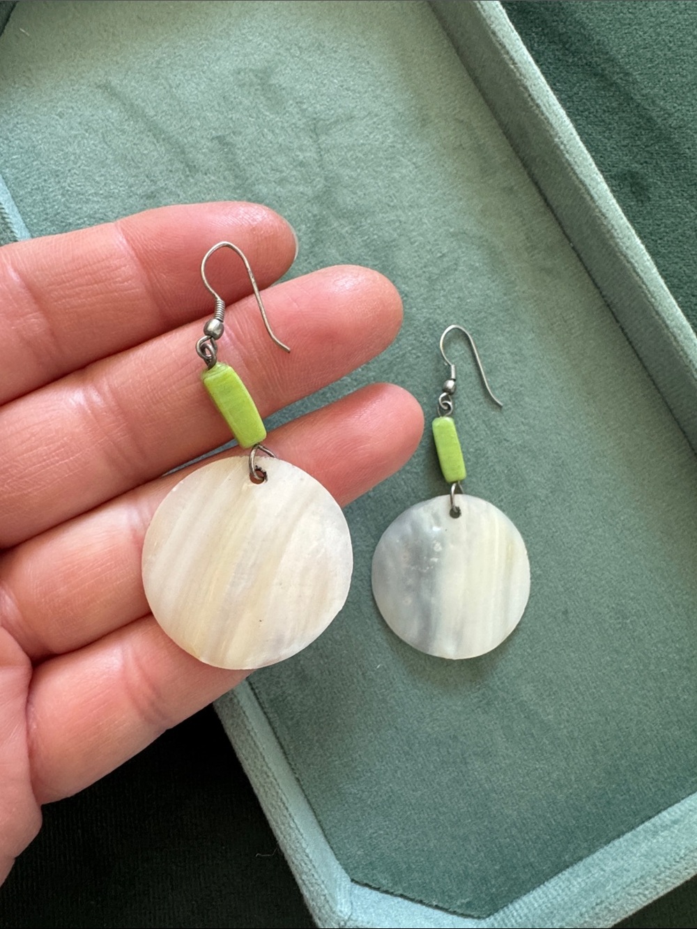 Handcrafted White Shell Disc Earrings with Lime Accent - Picture 3 of 4